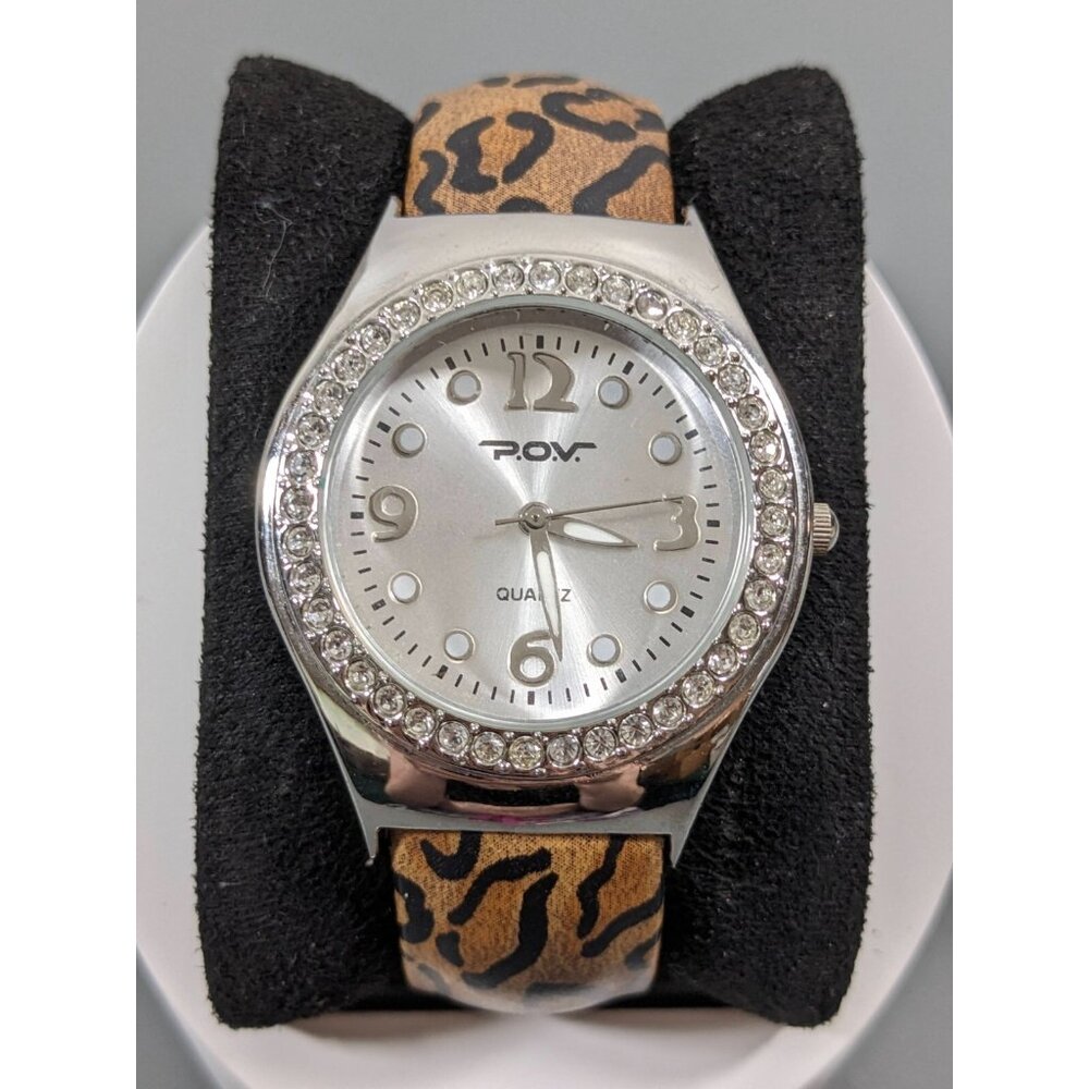 POV Crystal Accent Brown Cheetah Animal Print Womens Hinge Cuff Watch 6‎ in